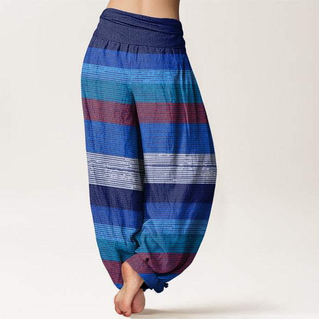 Buddha Stones Casual Colorful Horizontal Stripe Pattern Women's Elastic Waist Harem Pants