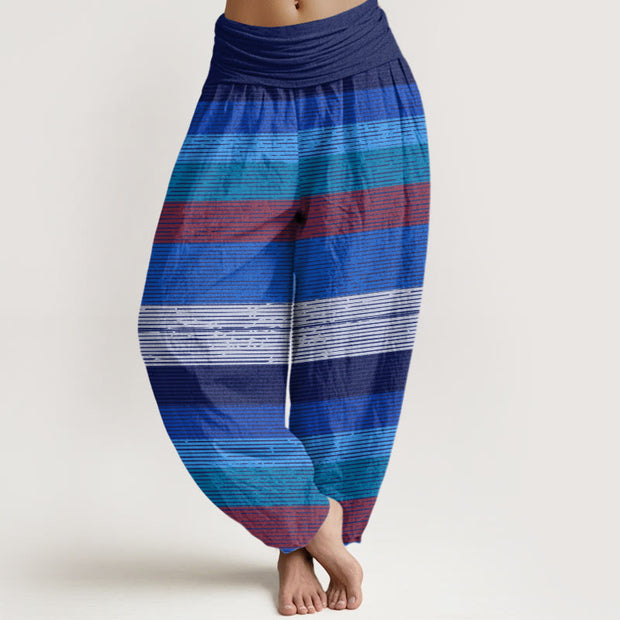 Buddha Stones Casual Colorful Horizontal Stripe Pattern Women's Elastic Waist Harem Pants