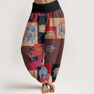 Buddha Stones Casual Elephant Lotus Buddha's Eye Collage Pattern Women's Elastic Waist Harem Pants