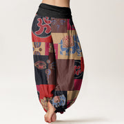 Buddha Stones Casual Elephant Lotus Buddha's Eye Collage Pattern Women's Elastic Waist Harem Pants