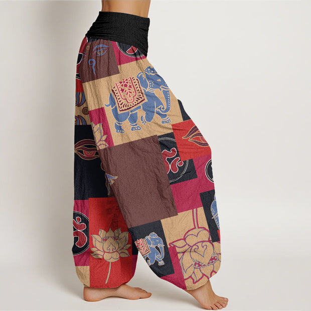 Buddha Stones Casual Elephant Lotus Buddha's Eye Collage Pattern Women's Elastic Waist Harem Pants