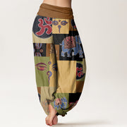 Buddha Stones Casual Elephant Lotus Buddha's Eye Collage Pattern Women's Elastic Waist Harem Pants