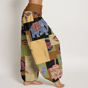 Buddha Stones Casual Elephant Lotus Buddha's Eye Collage Pattern Women's Elastic Waist Harem Pants