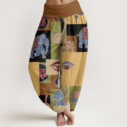 Buddha Stones Casual Elephant Lotus Buddha's Eye Collage Pattern Women's Elastic Waist Harem Pants