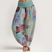 Buddha Stones Casual Elephant Lotus Buddha's Eye Collage Pattern Women's Elastic Waist Harem Pants