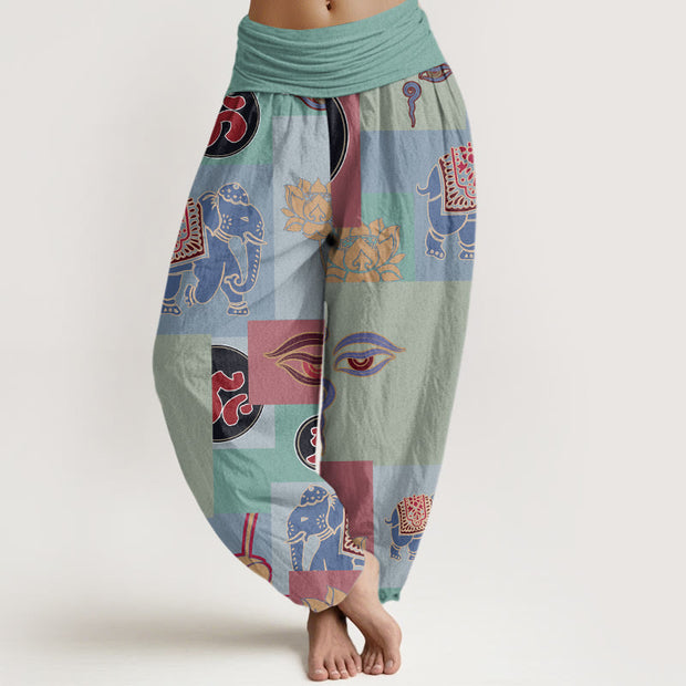 Buddha Stones Casual Elephant Lotus Buddha's Eye Collage Pattern Women's Elastic Waist Harem Pants