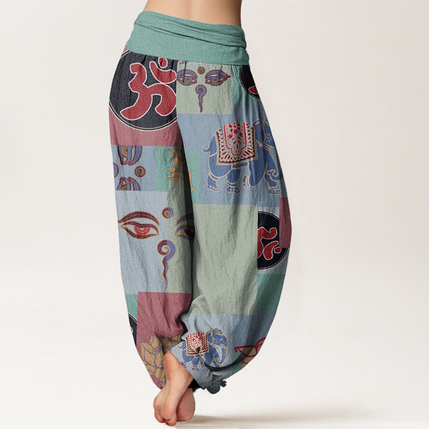 Buddha Stones Casual Elephant Lotus Buddha's Eye Collage Pattern Women's Elastic Waist Harem Pants