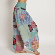 Buddha Stones Casual Elephant Lotus Buddha's Eye Collage Pattern Women's Elastic Waist Harem Pants