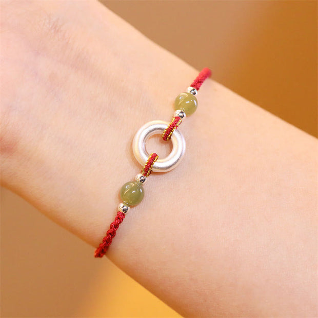 Buddha Stones 999 Sterling Silver Peace Buckle Hetian Jade Handmade Luck Red Rope Bracelet