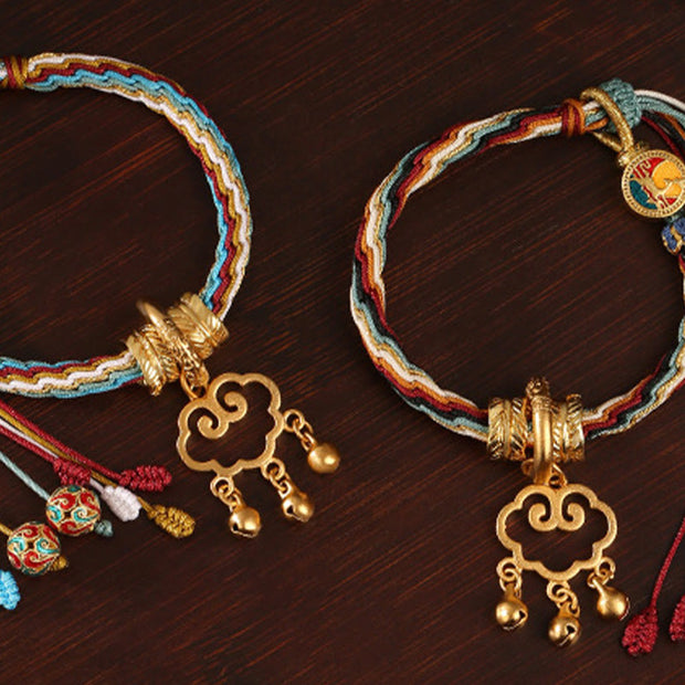 Buddha Stones Handmade Dunhuang Color Deer Auspicious Cloud Peace Lock Bell Healing Reincarnation Knot Bracelet