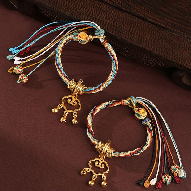 Buddha Stones Handmade Dunhuang Color Deer Auspicious Cloud Peace Lock Bell Healing Reincarnation Knot Bracelet