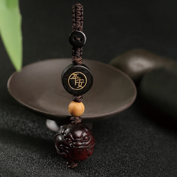 Buddha Stones Small Leaf Red Sandalwood PiXiu Safe and Well Protection Key Chain