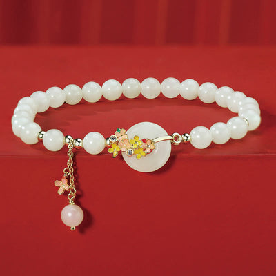 Buddha Stones 925 Sterling Silver Natural Hetian Jade Osmanthus Flowers Peace Buckle Zircon Luck Bracelet Necklace Pendant