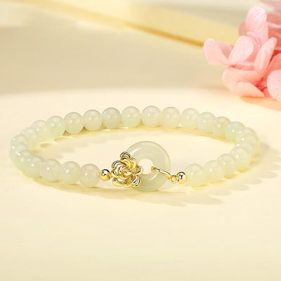 Buddha Stones 925 Sterling Silver Natural Hetian Jade Autumn Chrysanthemum Peace Buckle Prosperity Bracelet