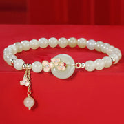 Buddha Stones 925 Sterling Silver Natural Hetian Jade Peach Blossom Peace Buckle Zircon Luck Bracelet Necklace Pendant