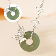 Buddha Stones 925 Sterling Silver Natural Hetian Jade Peace Buckle Butterfly Luck Prosperity Bracelet Necklace Pendant