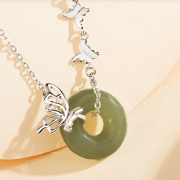 Buddha Stones 925 Sterling Silver Natural Hetian Jade Peace Buckle Butterfly Luck Prosperity Bracelet Necklace Pendant