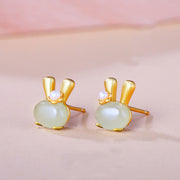 Buddha Stones 925 Sterling Silver Natural Hetian Jade Cute Rabbit Pearl Abundance Earrings