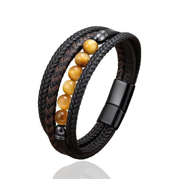 FREE Today: Self-Confidence Strength Tiger Eye Lava Rock Black Onyx Lazurite Hematite Bead Leather Bracelet