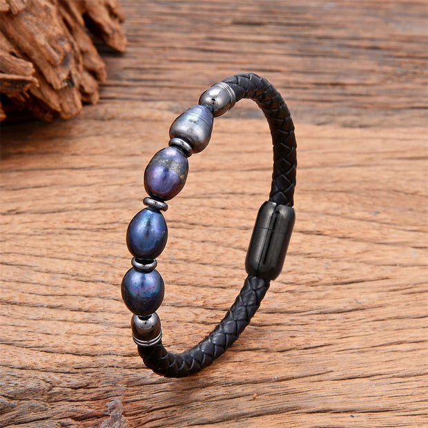 Buddha Stones Handmade Irregular Shaped Pearls Healing Leather Titanium Steel Buckle Bracelet