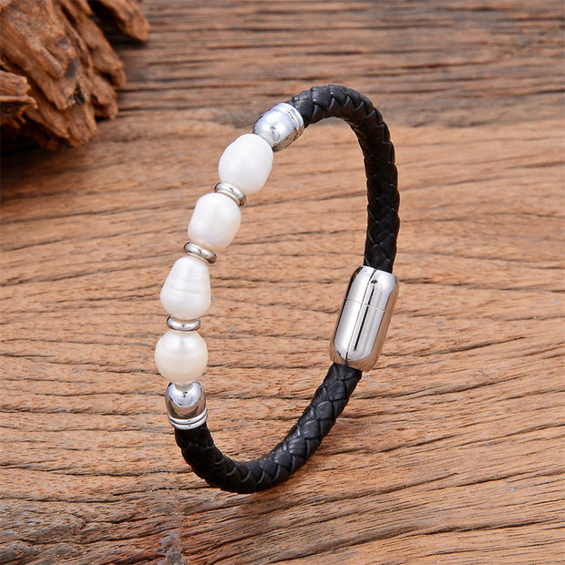 Buddha Stones Handmade Irregular Shaped Pearls Healing Leather Titanium Steel Buckle Bracelet