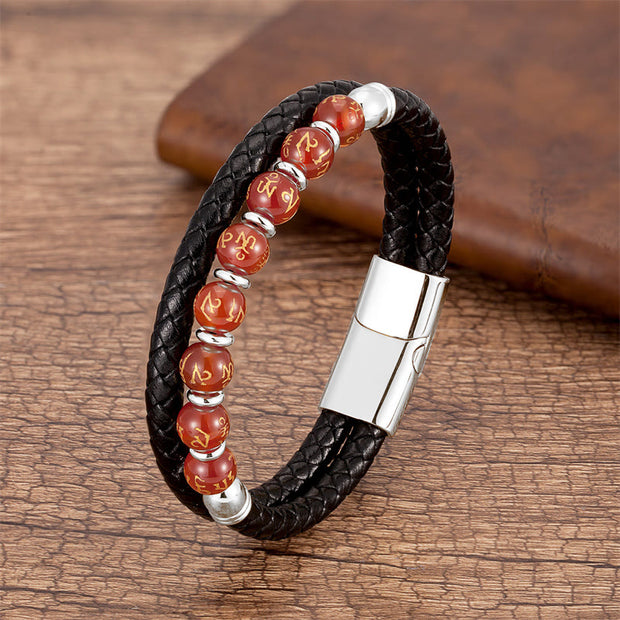 Buddha Stones Black Onyx Turquoise Tiger Eye Red Agate Om Mani Padme Hum Strength Leather Bracelet