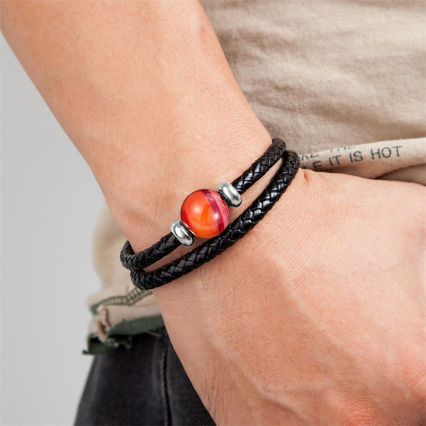 Buddha Stones Black Onyx Sardonyx Agate Beads Support Leather Bracelet