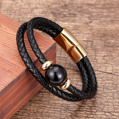 Buddha Stones Black Onyx Sardonyx Agate Beads Support Leather Bracelet