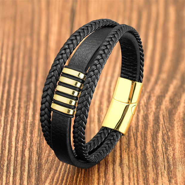 Buddha Stones Multi-layer Leather Rope Titanium Steel Buckle Balance Bracelet