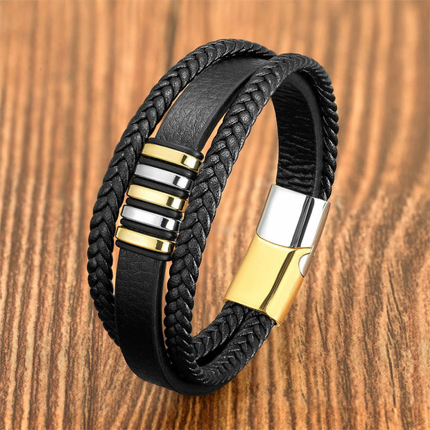 Buddha Stones Multi-layer Leather Rope Titanium Steel Buckle Balance Bracelet