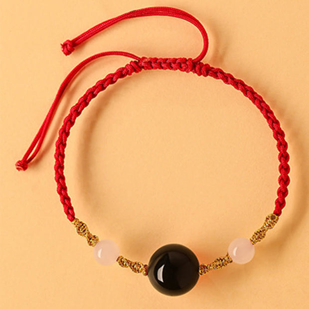 Buddha Stones Hetian Jade Black Onyx Red Agate Bead Luck Braided Bracelet