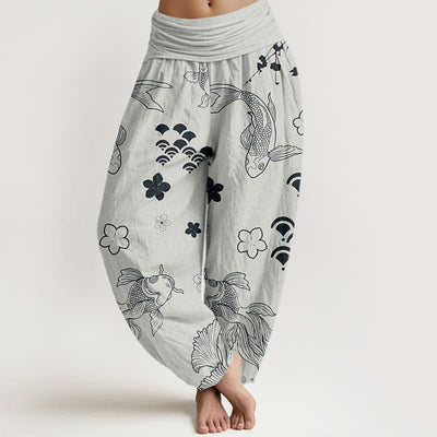 Buddha Stones Koi Fish Waves Flowers Design Women's Elastic Waist Harem Pants