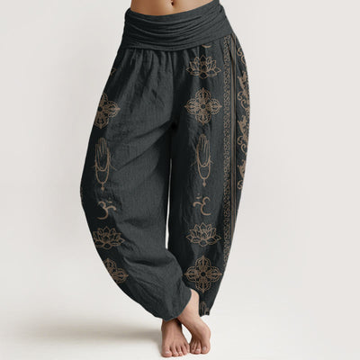 Buddha Stones Lotus Flowers Double Dorje Vajra Namaste Om Design Women's Elastic Waist Harem Pants