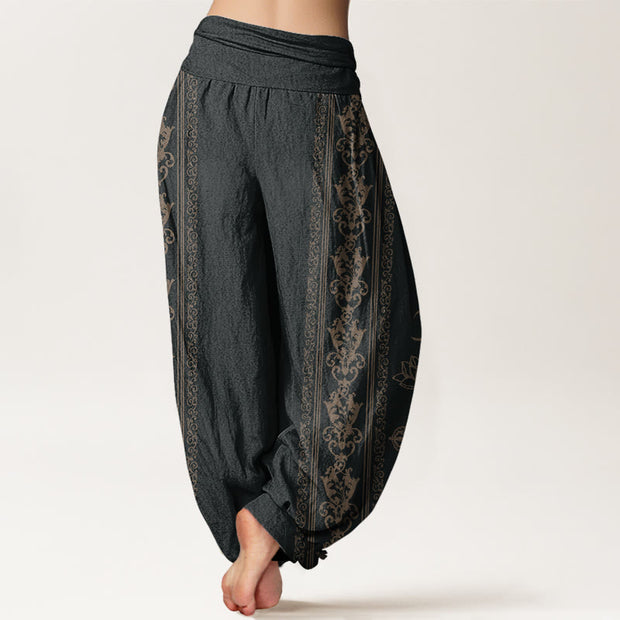 Buddha Stones Cotton Lotus Flowers Double Dorje Vajra Namaste Om Design Women's Elastic Waist Harem Pants - image 1