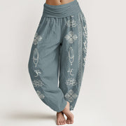 Buddha Stones Cotton Lotus Flowers Double Dorje Vajra Namaste Om Design Women's Elastic Waist Harem Pants - CadetBlue - US22，UK/AU26，EU54 (6XL) - image 4