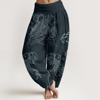 Buddha Stones Koi Fish Auspicious Clouds Lotus Flowers Design Women's Elastic Waist Harem Pants