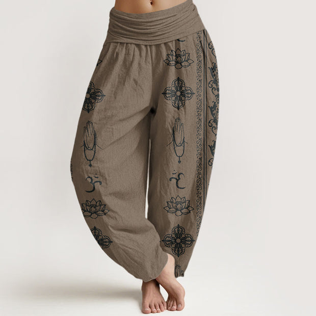 Buddha Stones Cotton Lotus Flowers Double Dorje Vajra Namaste Om Design Women's Elastic Waist Harem Pants - DarkKhaki - US22，UK/AU26，EU54 (6XL) - image 7