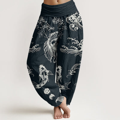 Buddha Stones Koi Fish Waves Lotus Flowers Design Women's Elastic Waist Harem Pants