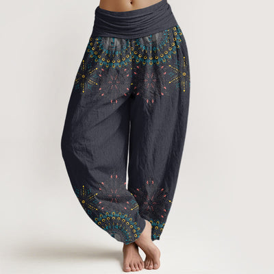 Buddha Stones Peacocks Colorful Feathers Geometric Pattern Design Women's Elastic Waist Harem Pants