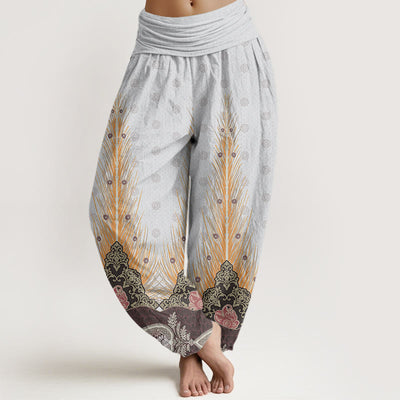 Buddha Stones Feather Pattern Design Women's Elastic Waist Harem Pants