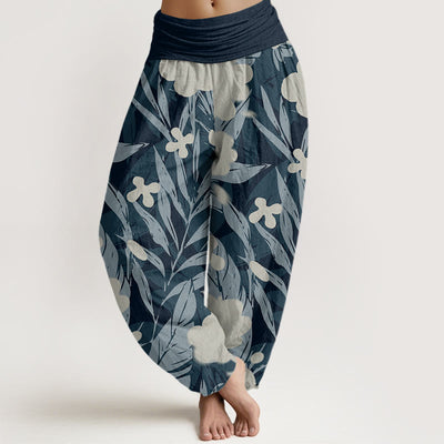 Buddha Stones Long Leaves Flowers Pattern Design Women's Elastic Waist Harem Pants