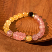 Buddha Stones Strawberry Quartz Pixiu Rutilated Quartz Beads Healing Bracelet