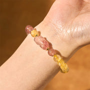 Buddha Stones Strawberry Quartz Pixiu Rutilated Quartz Beads Healing Bracelet