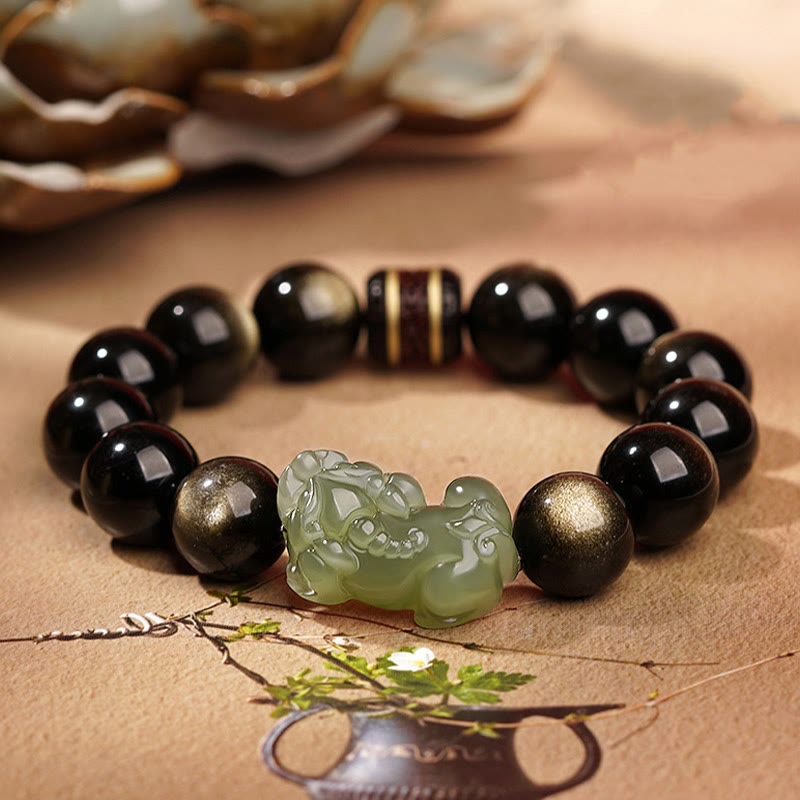 Buddha Stones Natural Gold Sheen Obsidian Hetian Cyan Jade White
