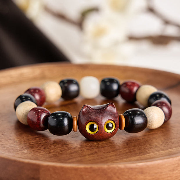 Buddha Stones Small Leaf Red Sandalwood Ebony Wood Cute Cat Engraved Protection Bracelet