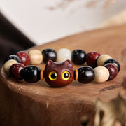 Buddha Stones Small Leaf Red Sandalwood Ebony Wood Cute Cat Engraved Protection Bracelet