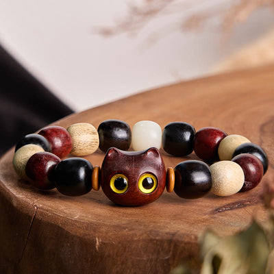 Buddha Stones Small Leaf Red Sandalwood Ebony Wood Cute Cat Engraved Protection Bracelet