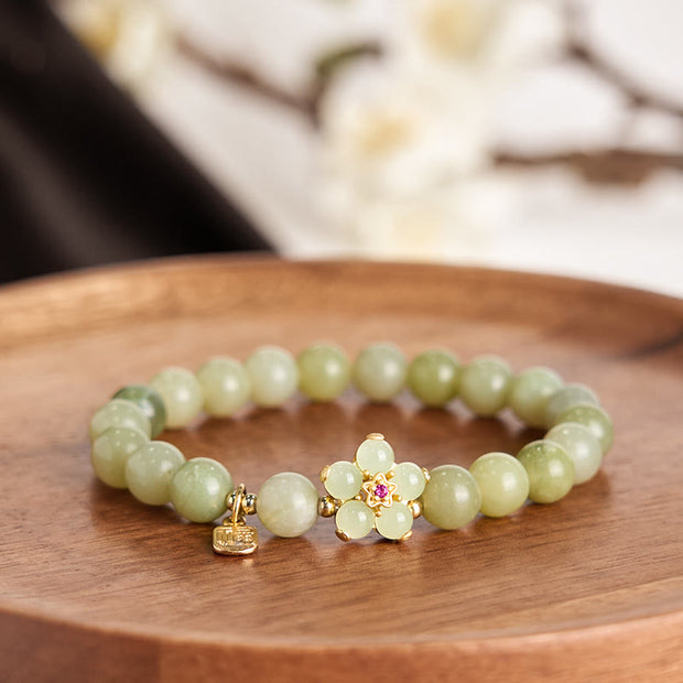 Buddha Stones Green Jade Flower Fu Character Charm Luck Bracelet