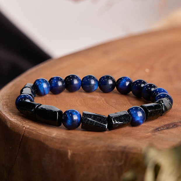 Buddha Stones Blue Tiger Eye Black Tourmaline Strength Bracelet