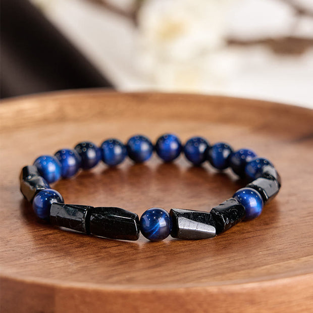 Buddha Stones Blue Tiger Eye Black Tourmaline Strength Bracelet